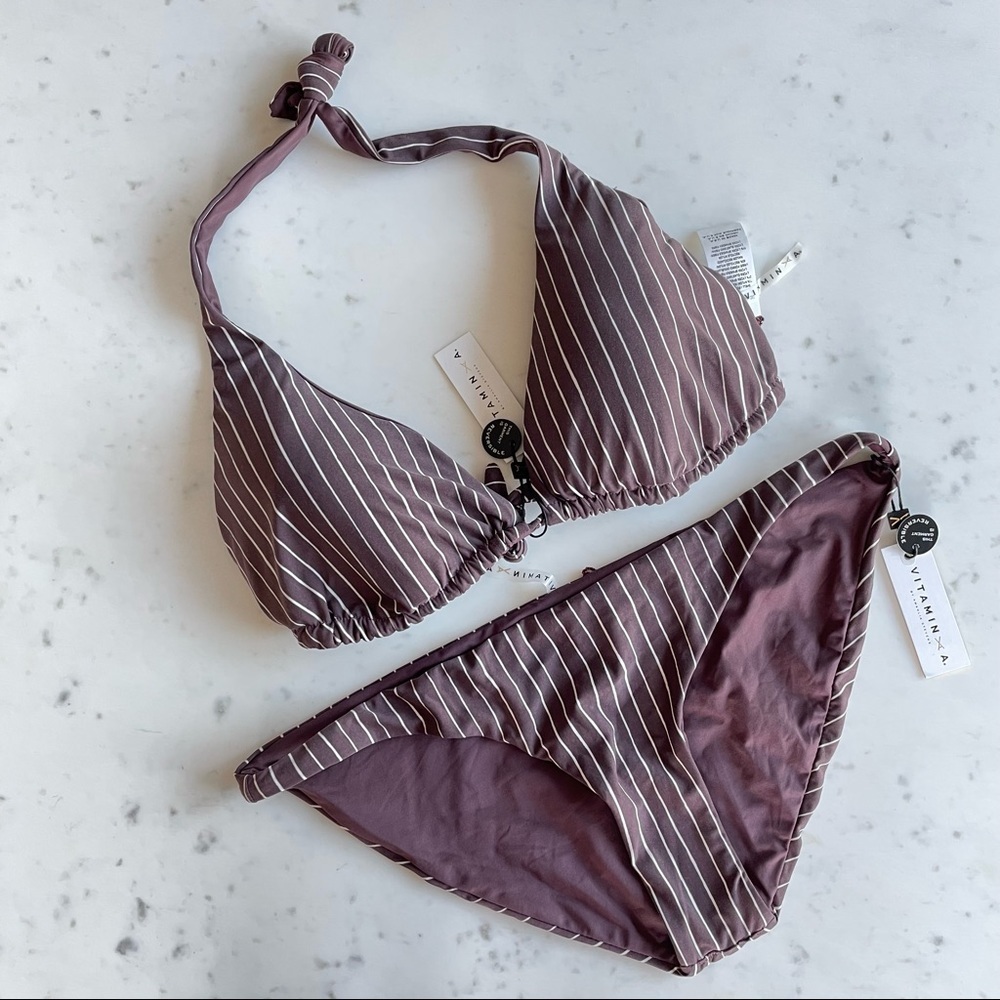 Vitamin A Mauve Pinstripe Halter Bikini - White Stripes